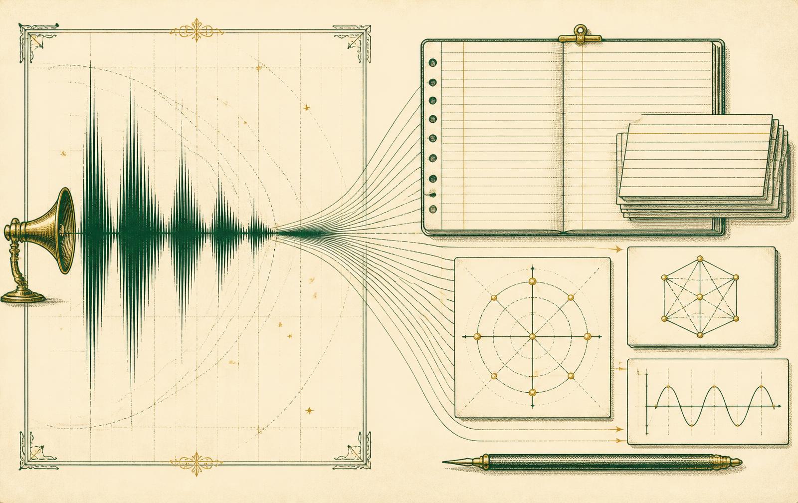 Audio waveform transforming into structured lecture notes